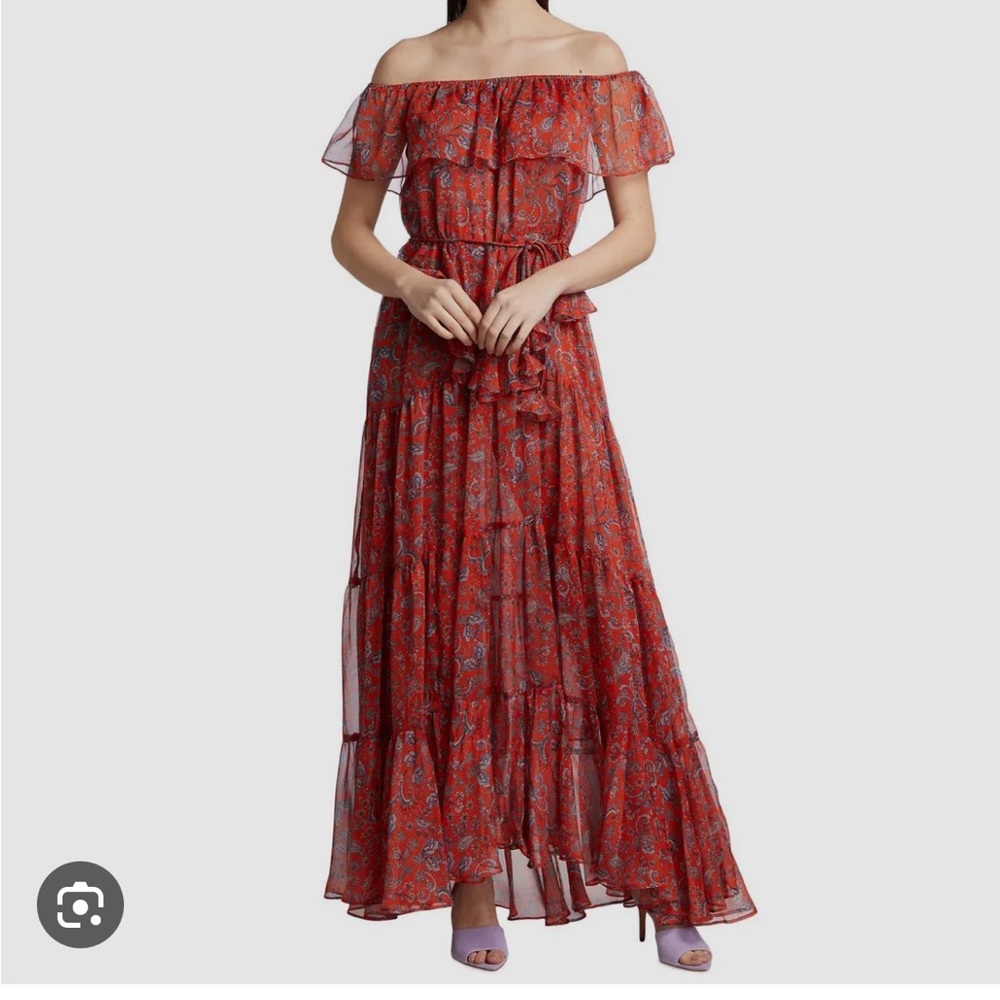 MISA Los Angeles Women's Red Paisley Belted Off-The-Shoulder Dress Size XL